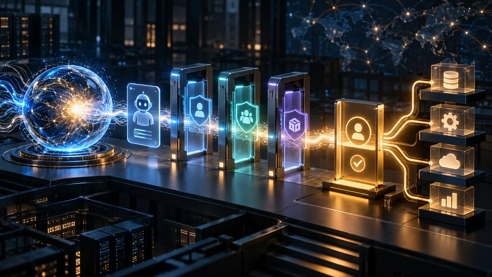 AI Agent 通过身份、权限和人工审批边界访问工具 / AI agent accessing tools through identity, permission, and human approval boundaries