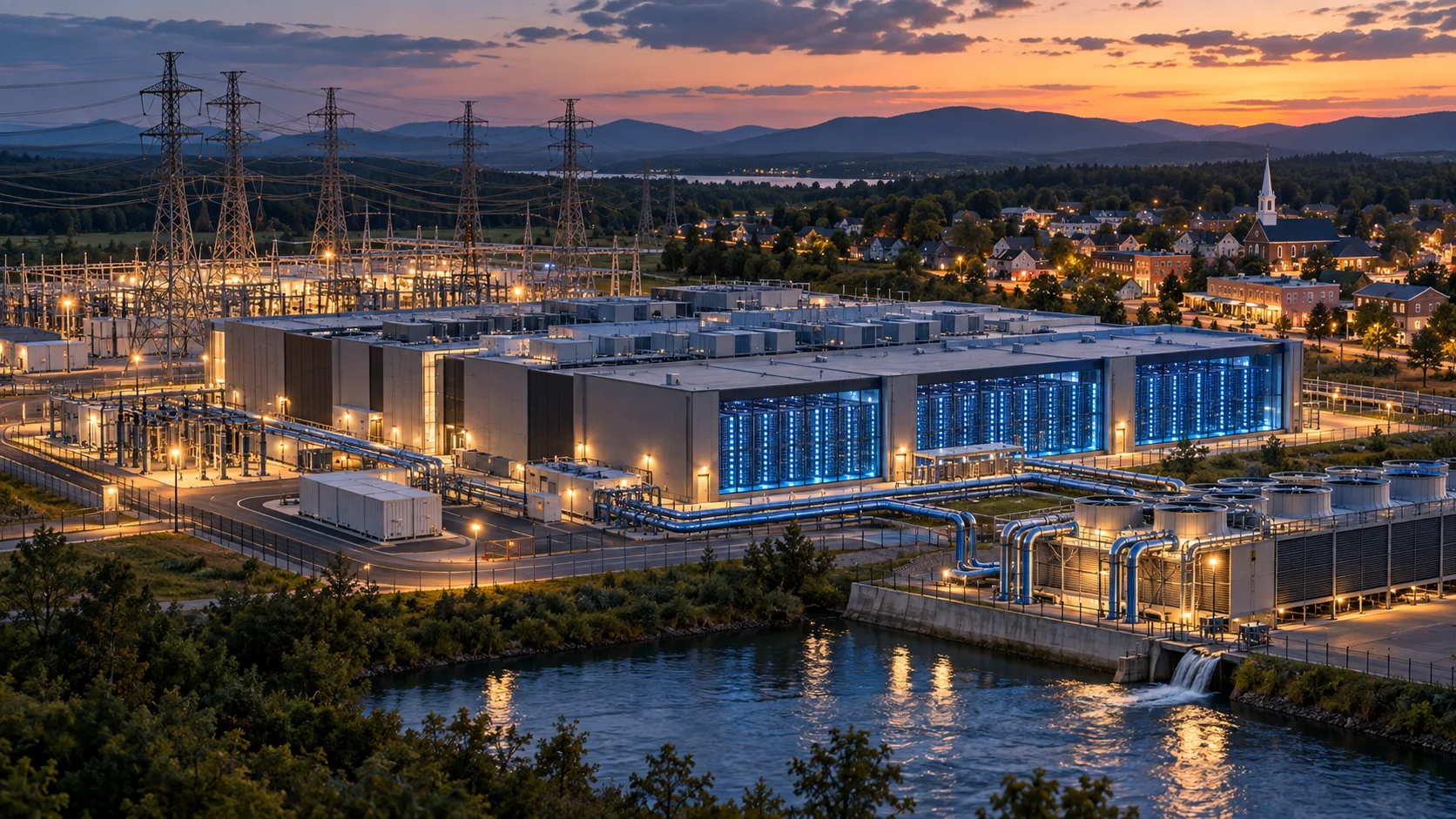 AI 数据中心连接电网、冷却系统与附近社区 / AI data center connected to the power grid, cooling systems, and nearby community