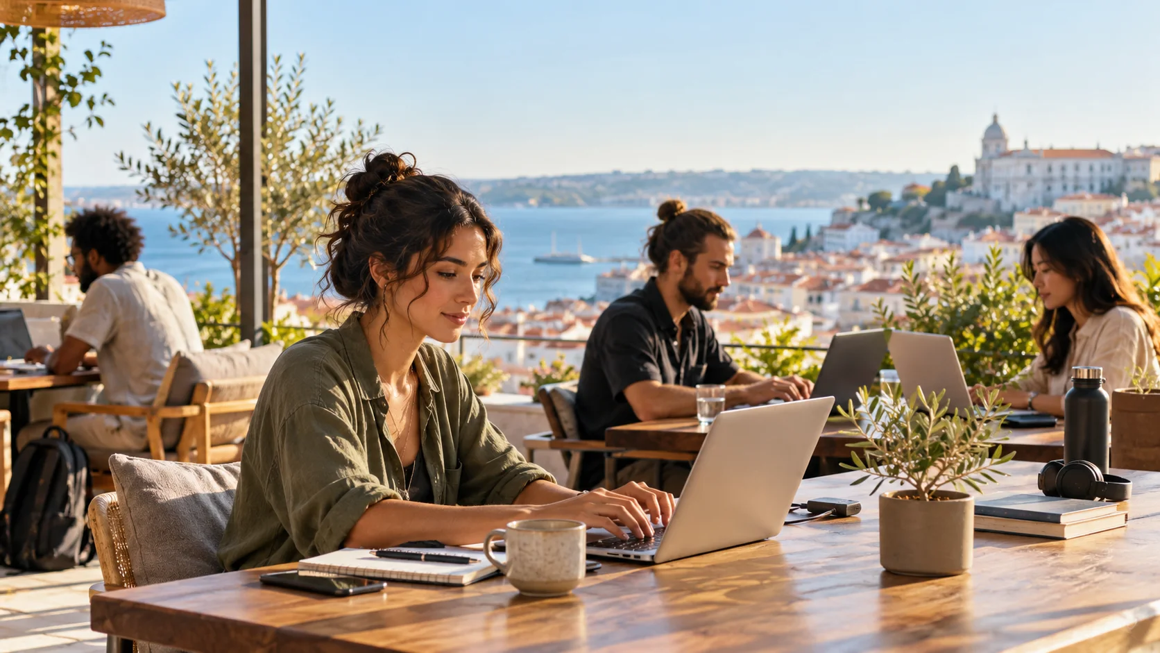 数字游民在海滨城市的共享工作空间远程办公 / digital nomads working remotely